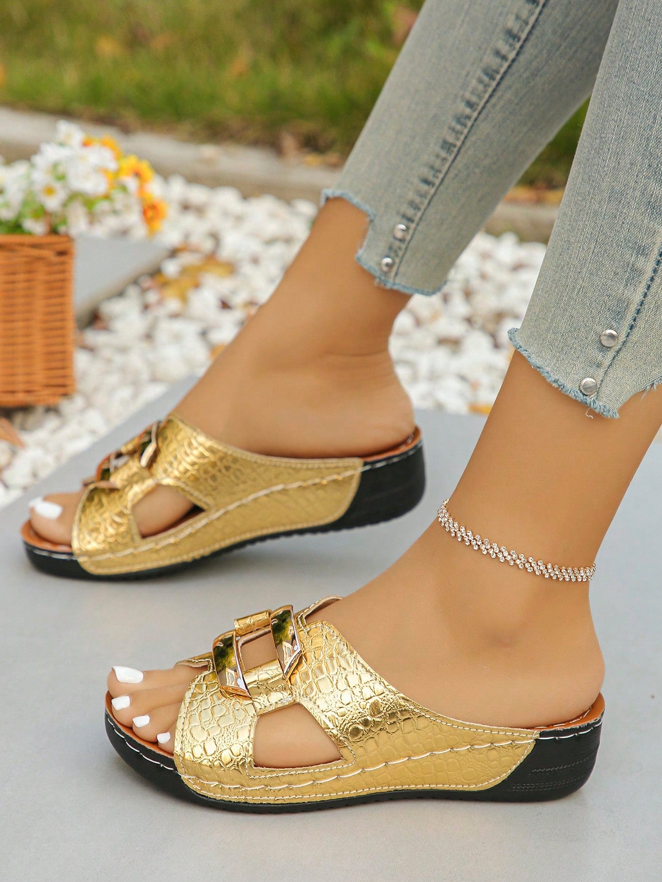 Women’s open toe wedge slide sandals with metal buckle detail and thick low wedge sole, lightweight slip-on style for daily wear, beach, and holiday use.