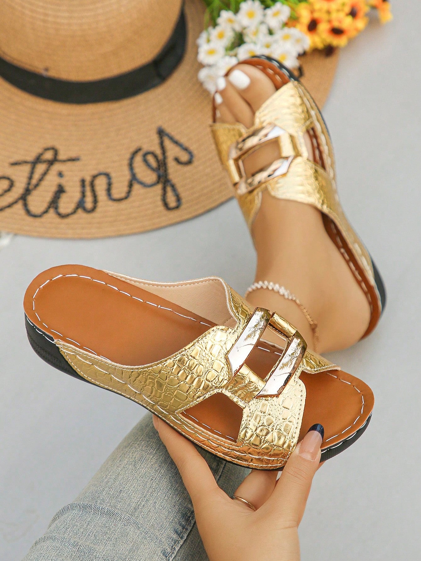 Women’s open toe wedge slide sandals with metal buckle detail and thick low wedge sole, lightweight slip-on style for daily wear, beach, and holiday use.