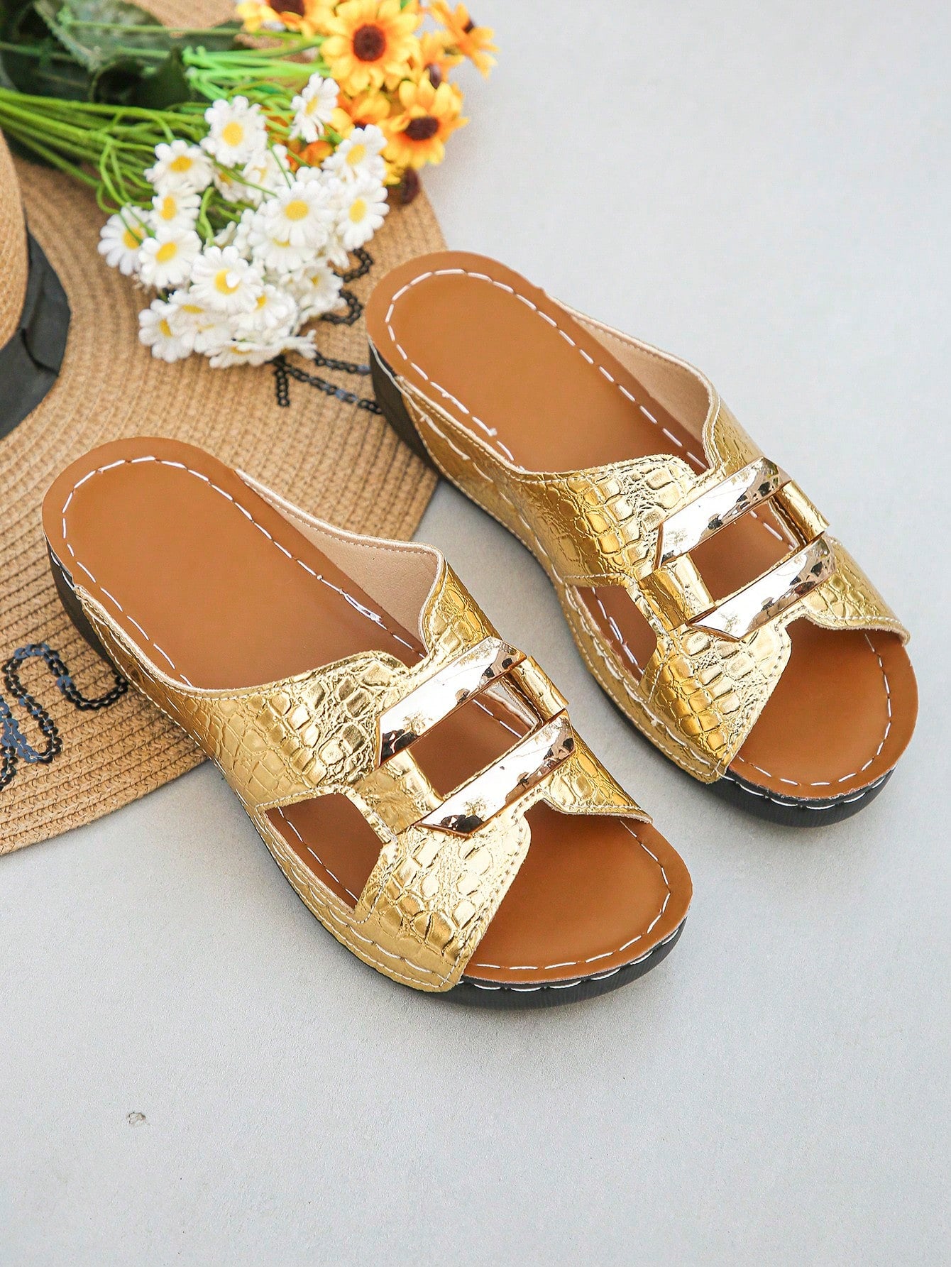 Women’s open toe wedge slide sandals with metal buckle detail and thick low wedge sole, lightweight slip-on style for daily wear, beach, and holiday use.
