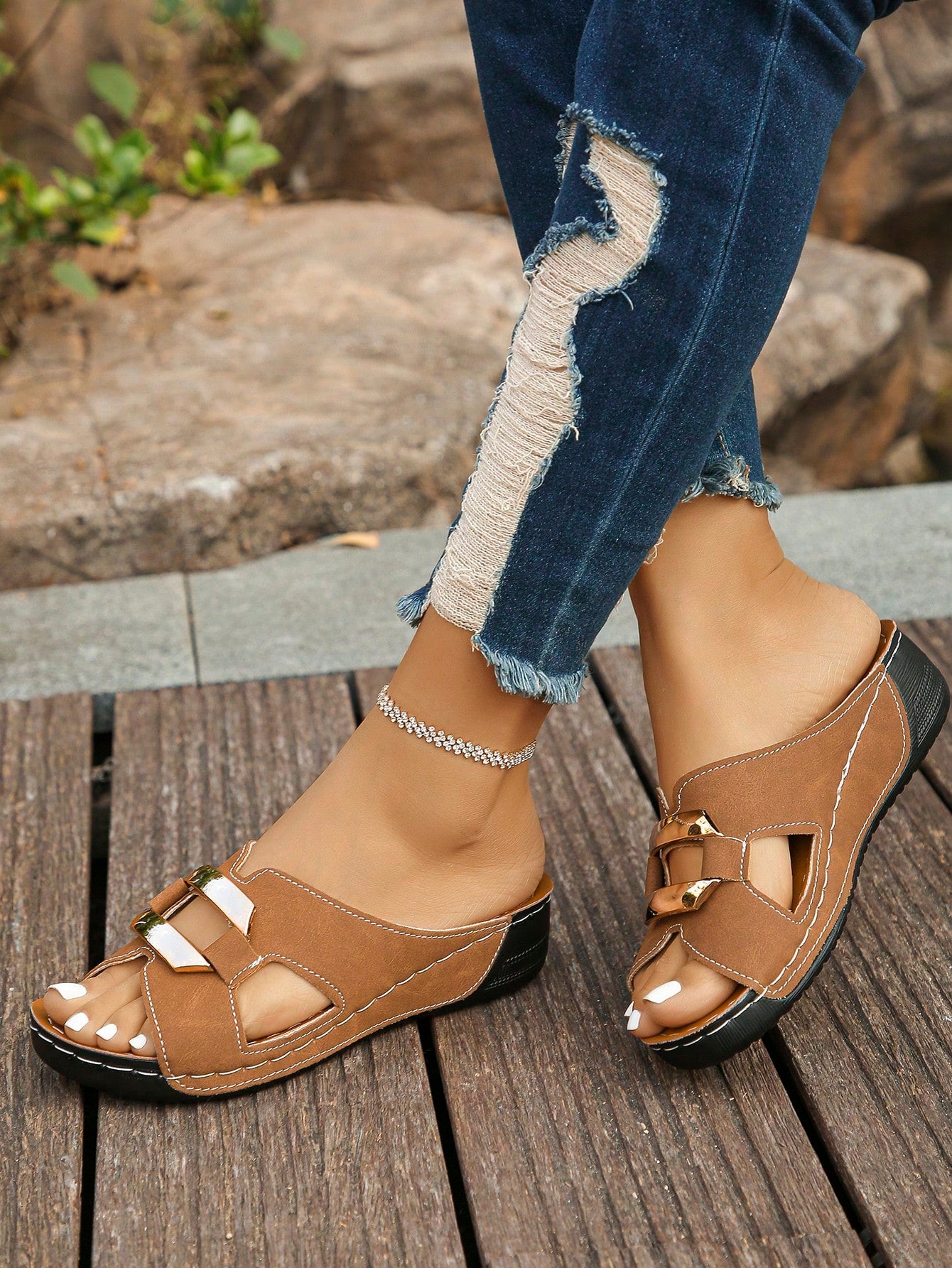 Women’s open toe wedge slide sandals with metal buckle detail and thick low wedge sole, lightweight slip-on style for daily wear, beach, and holiday use.