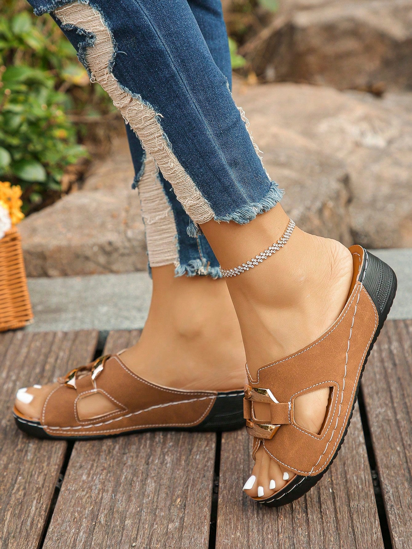 Women’s open toe wedge slide sandals with metal buckle detail and thick low wedge sole, lightweight slip-on style for daily wear, beach, and holiday use.