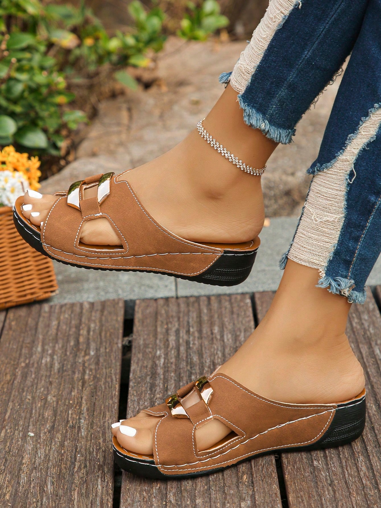 Women’s open toe wedge slide sandals with metal buckle detail and thick low wedge sole, lightweight slip-on style for daily wear, beach, and holiday use.