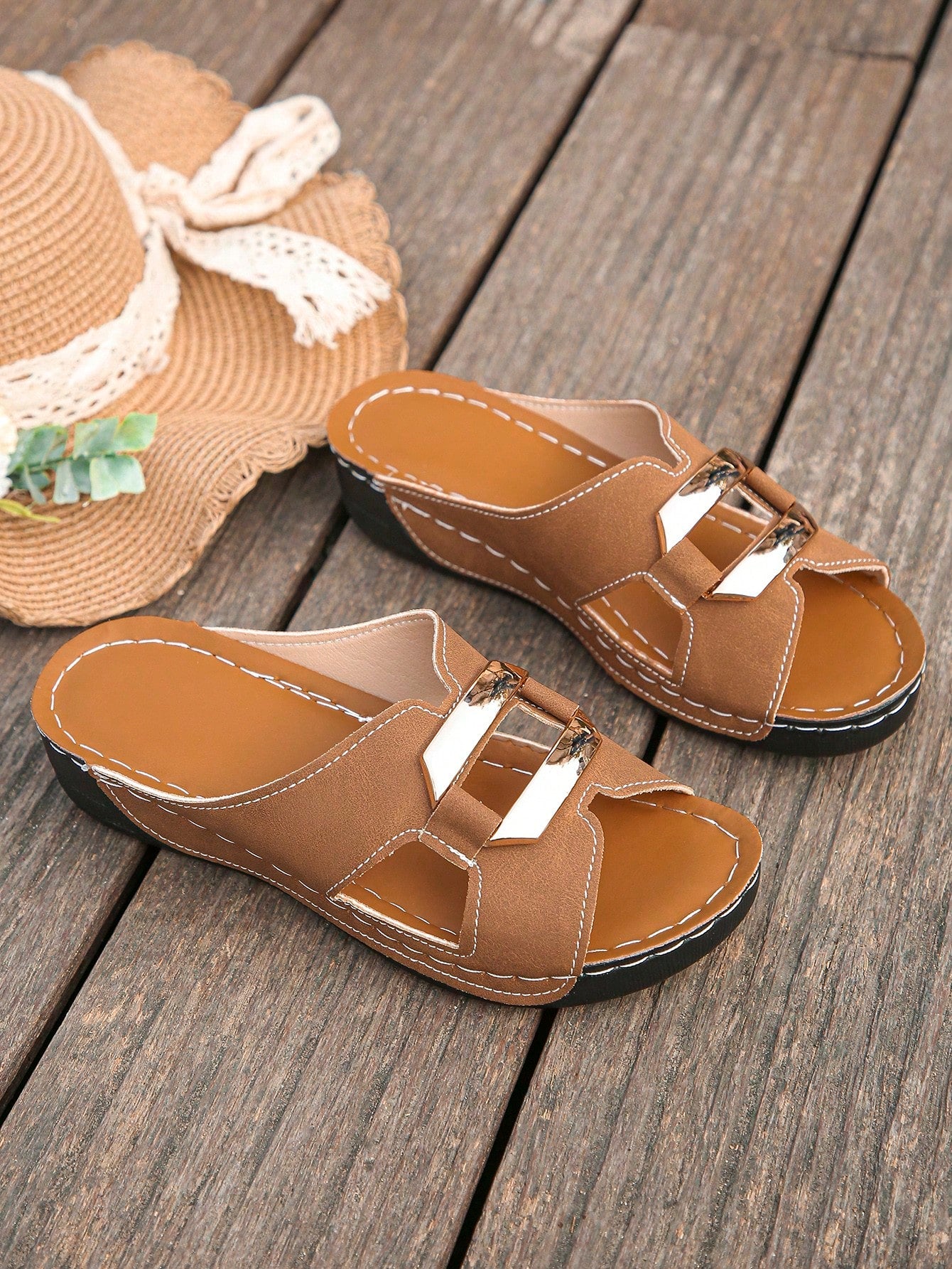 Women’s open toe wedge slide sandals with metal buckle detail and thick low wedge sole, lightweight slip-on style for daily wear, beach, and holiday use.
