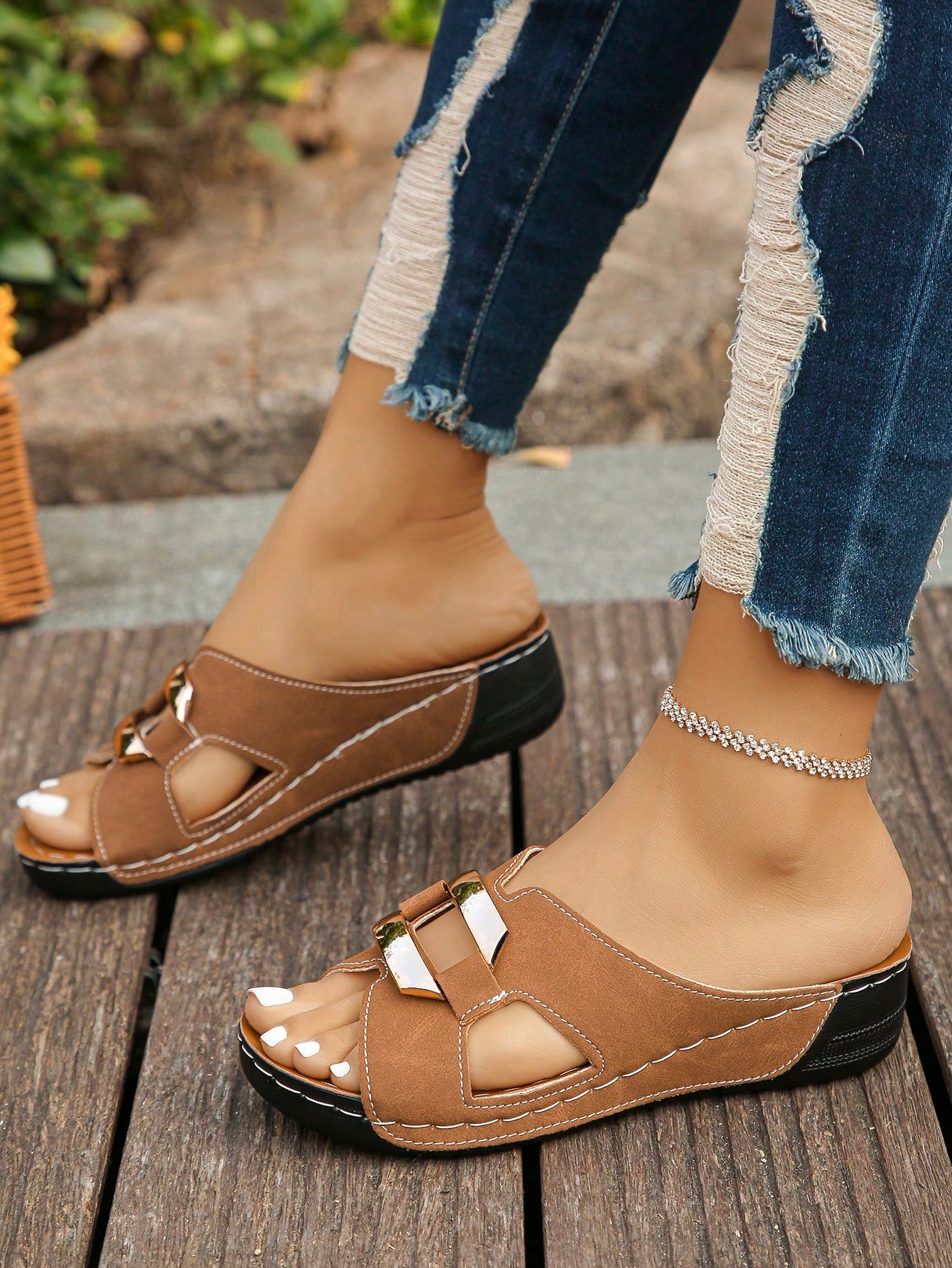 Women’s open toe wedge slide sandals with metal buckle detail and thick low wedge sole, lightweight slip-on style for daily wear, beach, and holiday use.