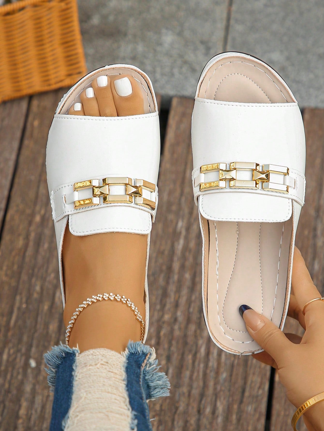 Women's bohemian wedge slide sandals with open toe, low wedge heel, slip-on design, and metal detail, available in plus sizes 36-43.