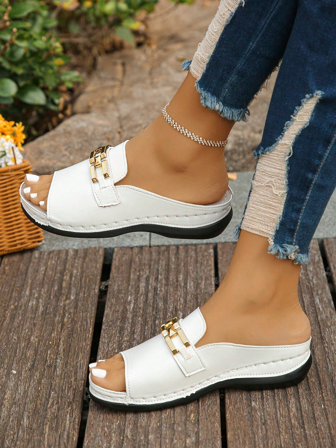 Women's bohemian wedge slide sandals with open toe, low wedge heel, slip-on design, and metal detail, available in plus sizes 36-43.