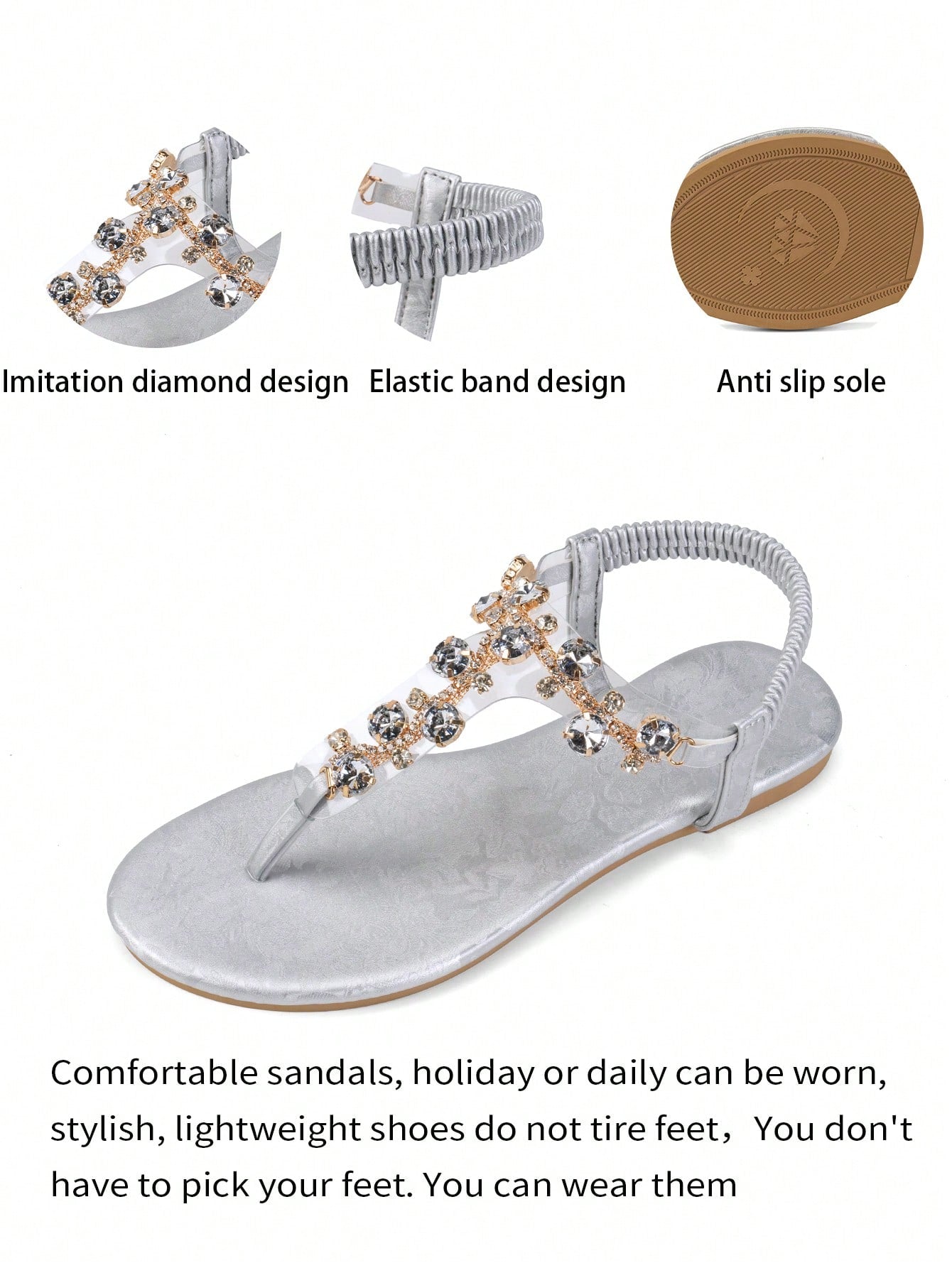 Women's black flat thong sandals with floral print, toe post design, buckle detail, and rhinestone embellishment