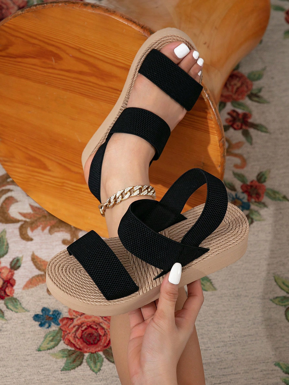 Women's black open-toe flat slide sandals with ruched ruffle textured fabric upper