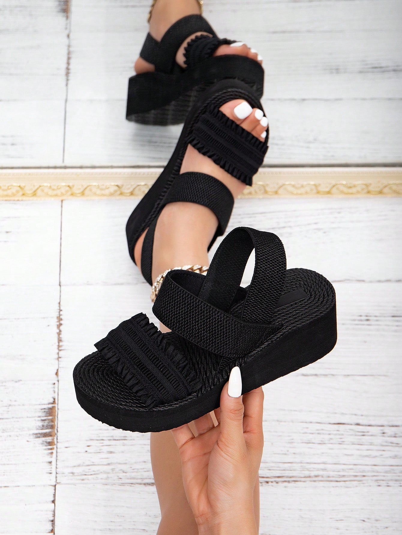 Women's beige slip-on platform wedge slide sandals with open toe, tassel and ruffle details, rope-pattern styling, and mid heel.