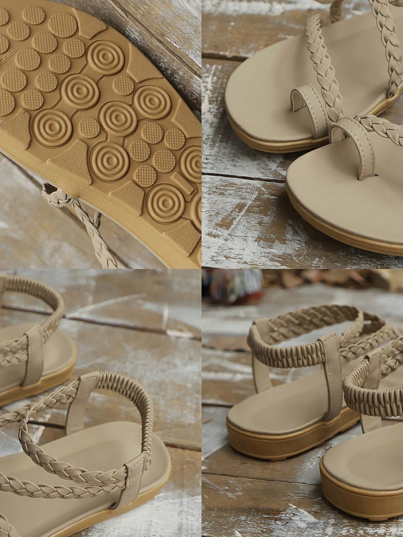 Women's beige flat sandals with criss cross straps, ankle strap, and open toe.