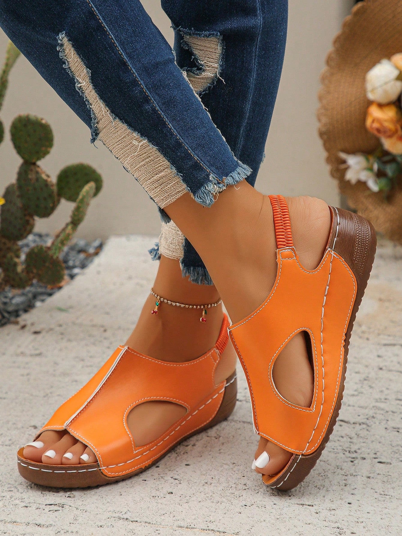 Women’s white PU platform wedge sandals with slip-on design, slingback strap, open round toe, and cut-out details, suitable for beach and vacation wear.