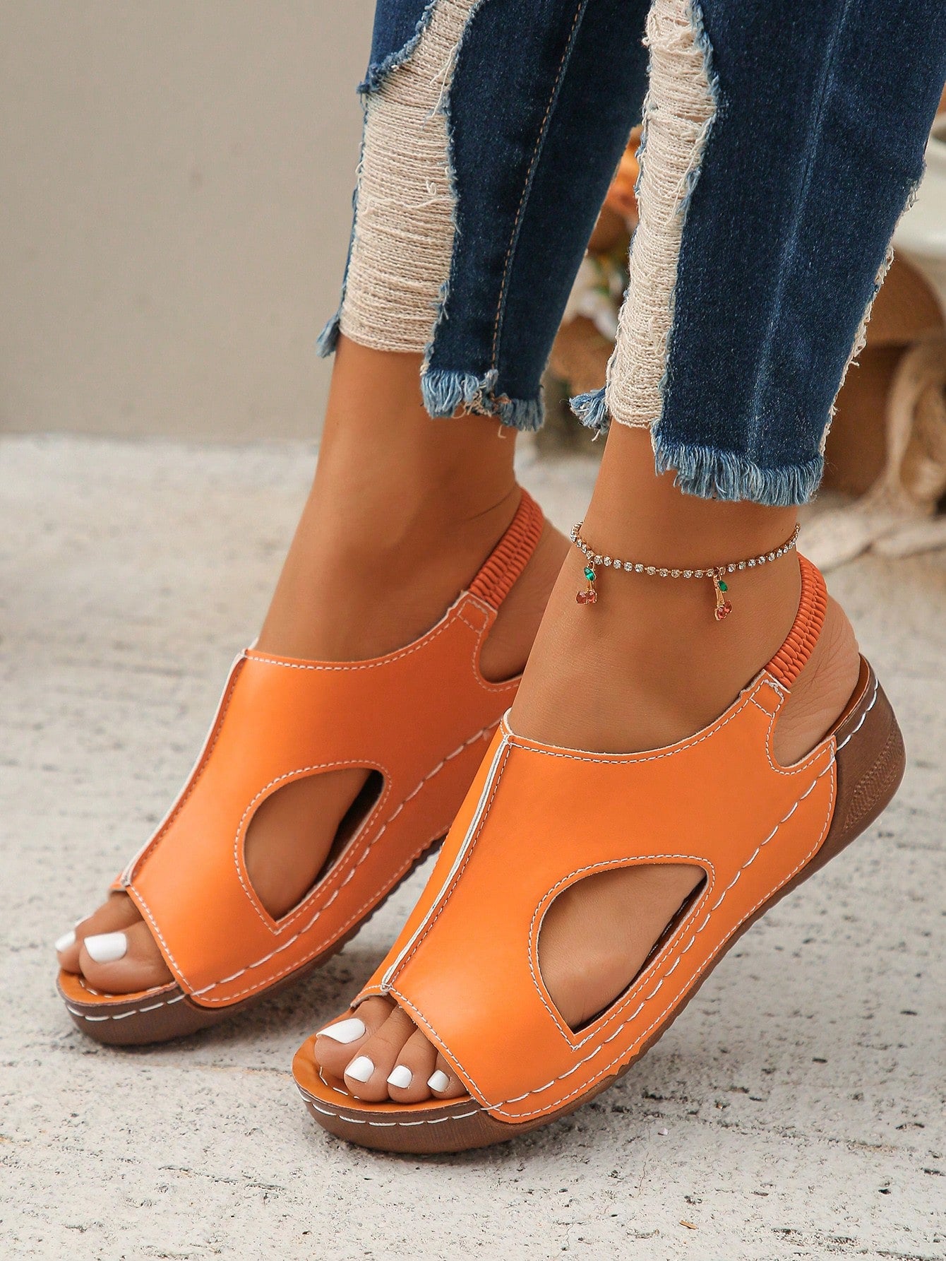 Women’s white PU platform wedge sandals with slip-on design, slingback strap, open round toe, and cut-out details, suitable for beach and vacation wear.