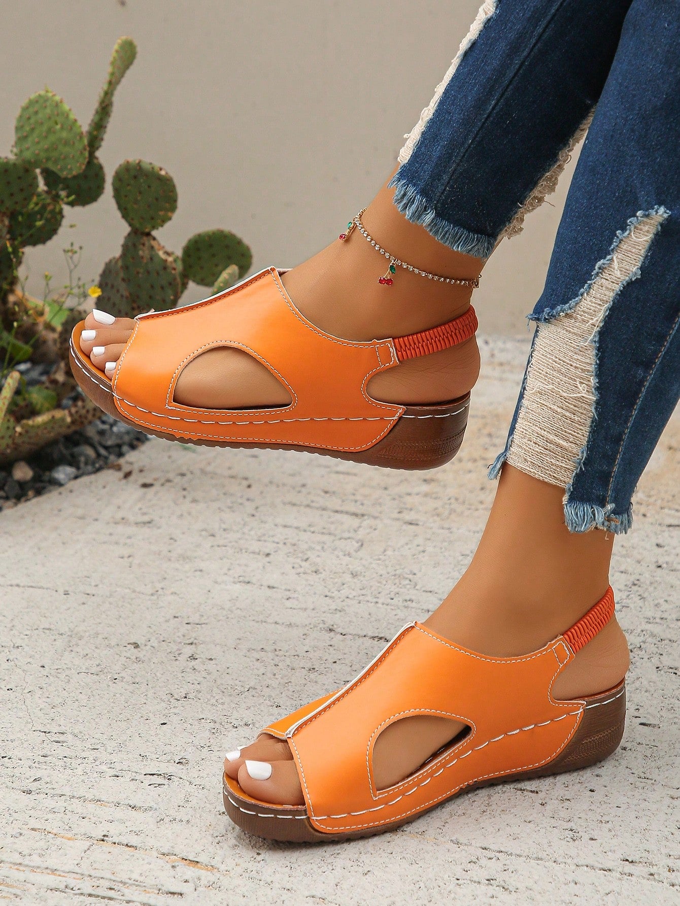 Women’s white PU platform wedge sandals with slip-on design, slingback strap, open round toe, and cut-out details, suitable for beach and vacation wear.