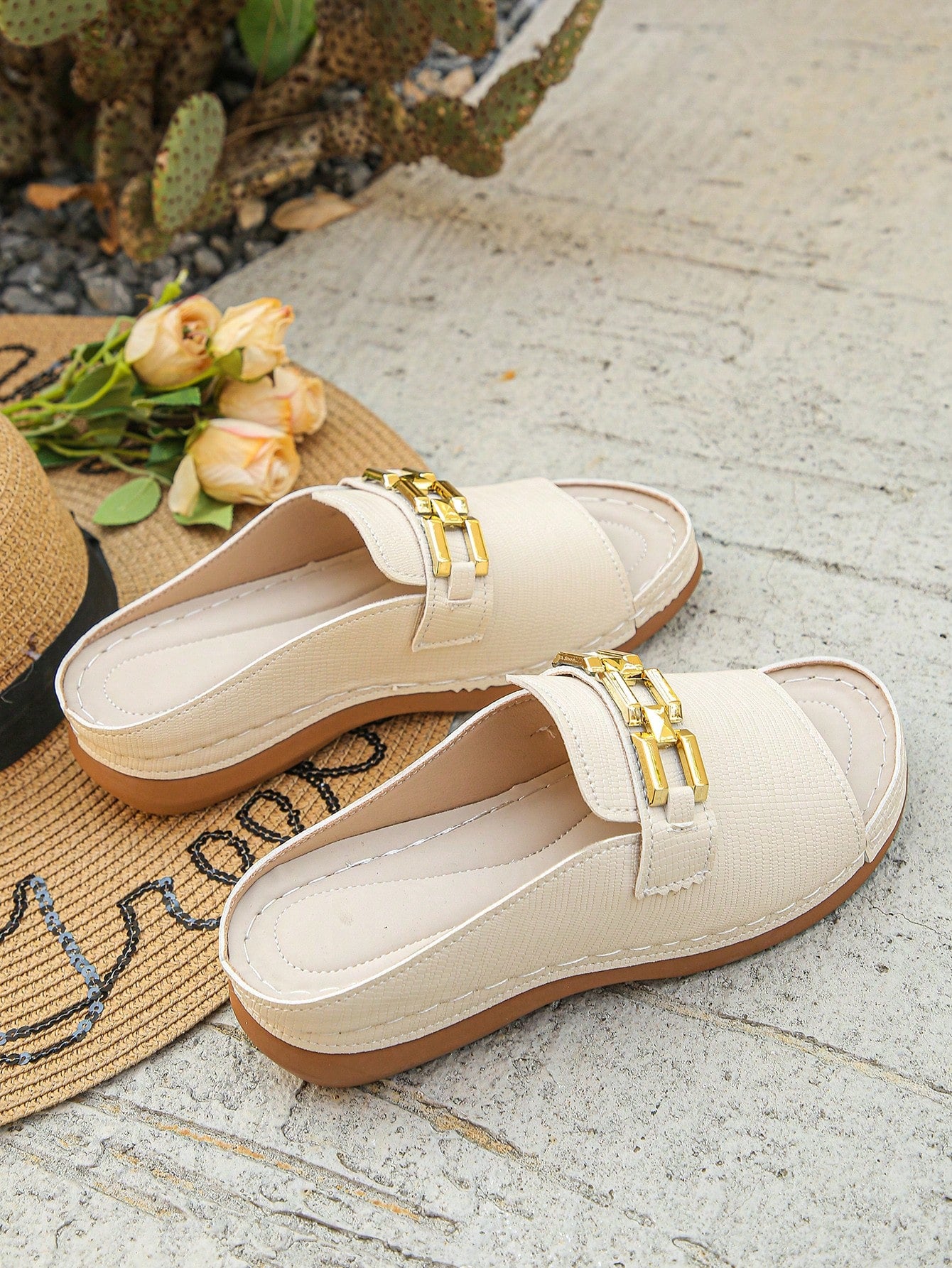Women's bohemian wedge slide sandals with open toe, low wedge heel, slip-on design, and metal detail, available in plus sizes 36-43.