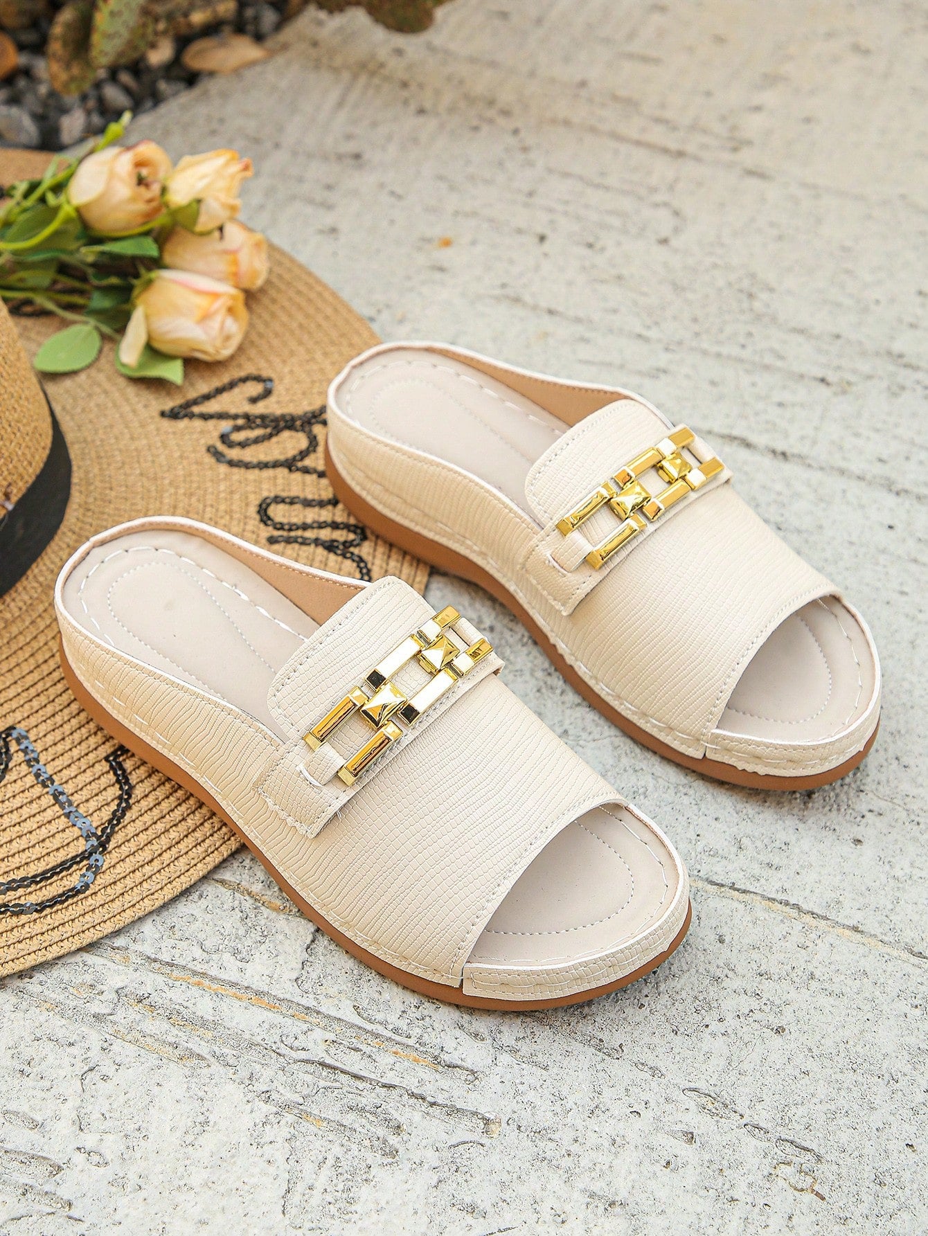Women's bohemian wedge slide sandals with open toe, low wedge heel, slip-on design, and metal detail, available in plus sizes 36-43.