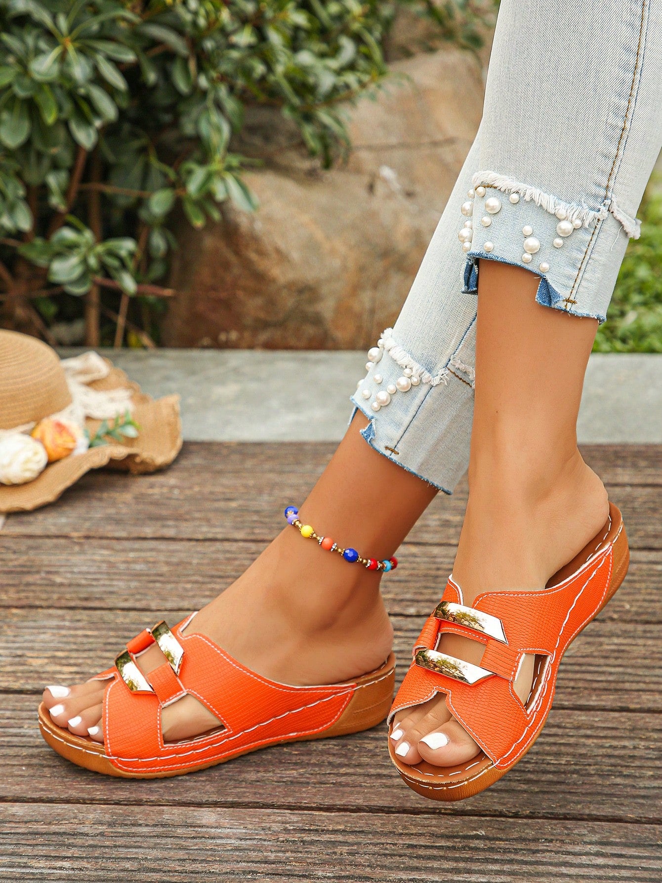 Women’s open toe wedge slide sandals with metal buckle detail and thick low wedge sole, lightweight slip-on style for daily wear, beach, and holiday use.