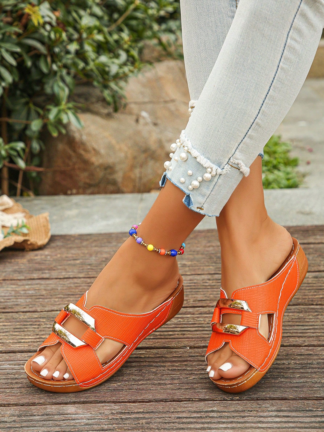 Women’s open toe wedge slide sandals with metal buckle detail and thick low wedge sole, lightweight slip-on style for daily wear, beach, and holiday use.