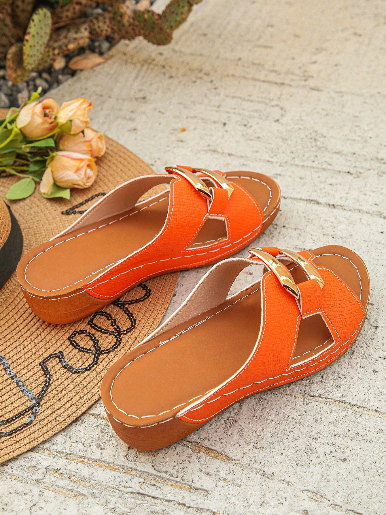 Women’s open toe wedge slide sandals with metal buckle detail and thick low wedge sole, lightweight slip-on style for daily wear, beach, and holiday use.