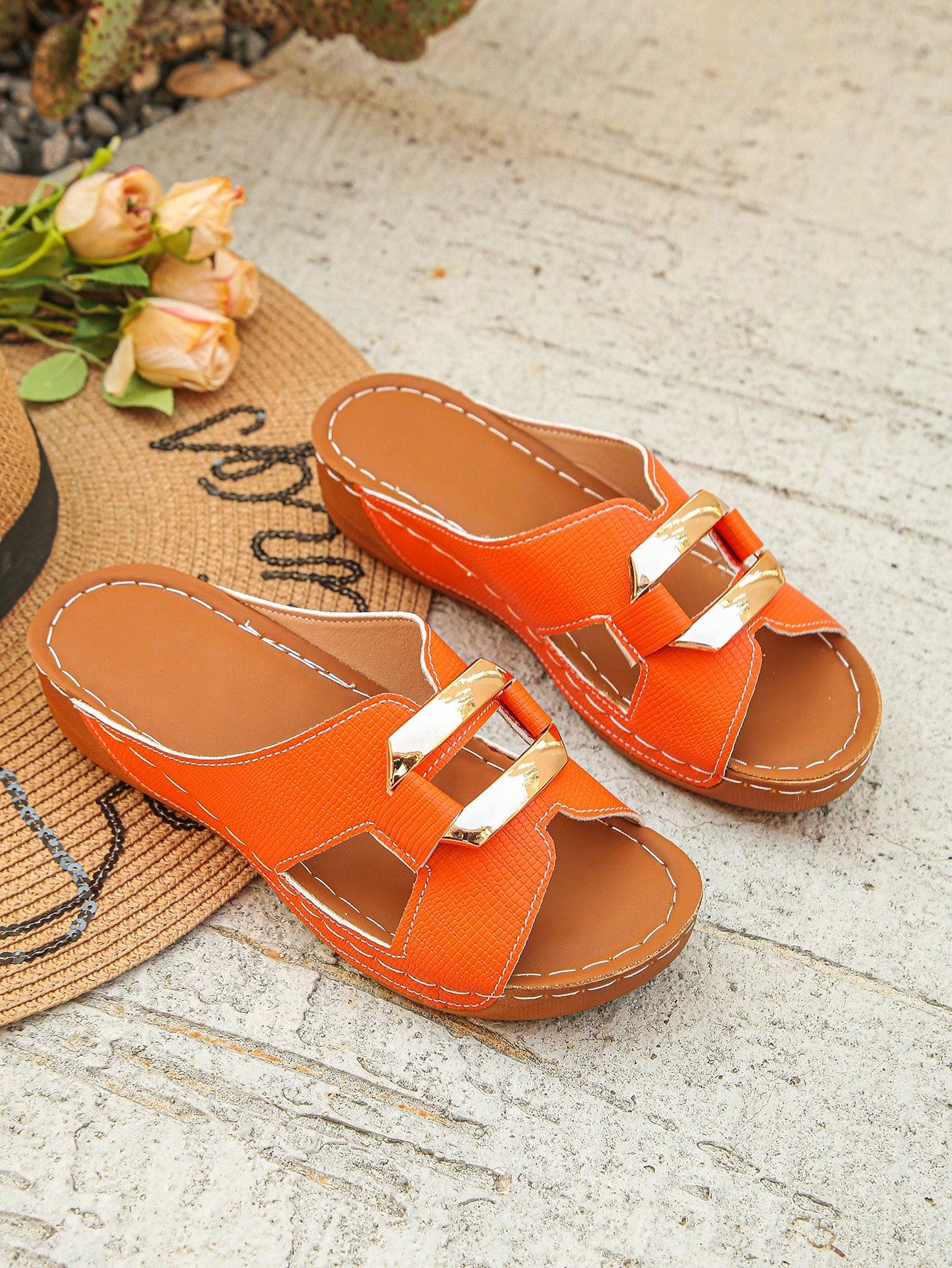 Women’s open toe wedge slide sandals with metal buckle detail and thick low wedge sole, lightweight slip-on style for daily wear, beach, and holiday use.