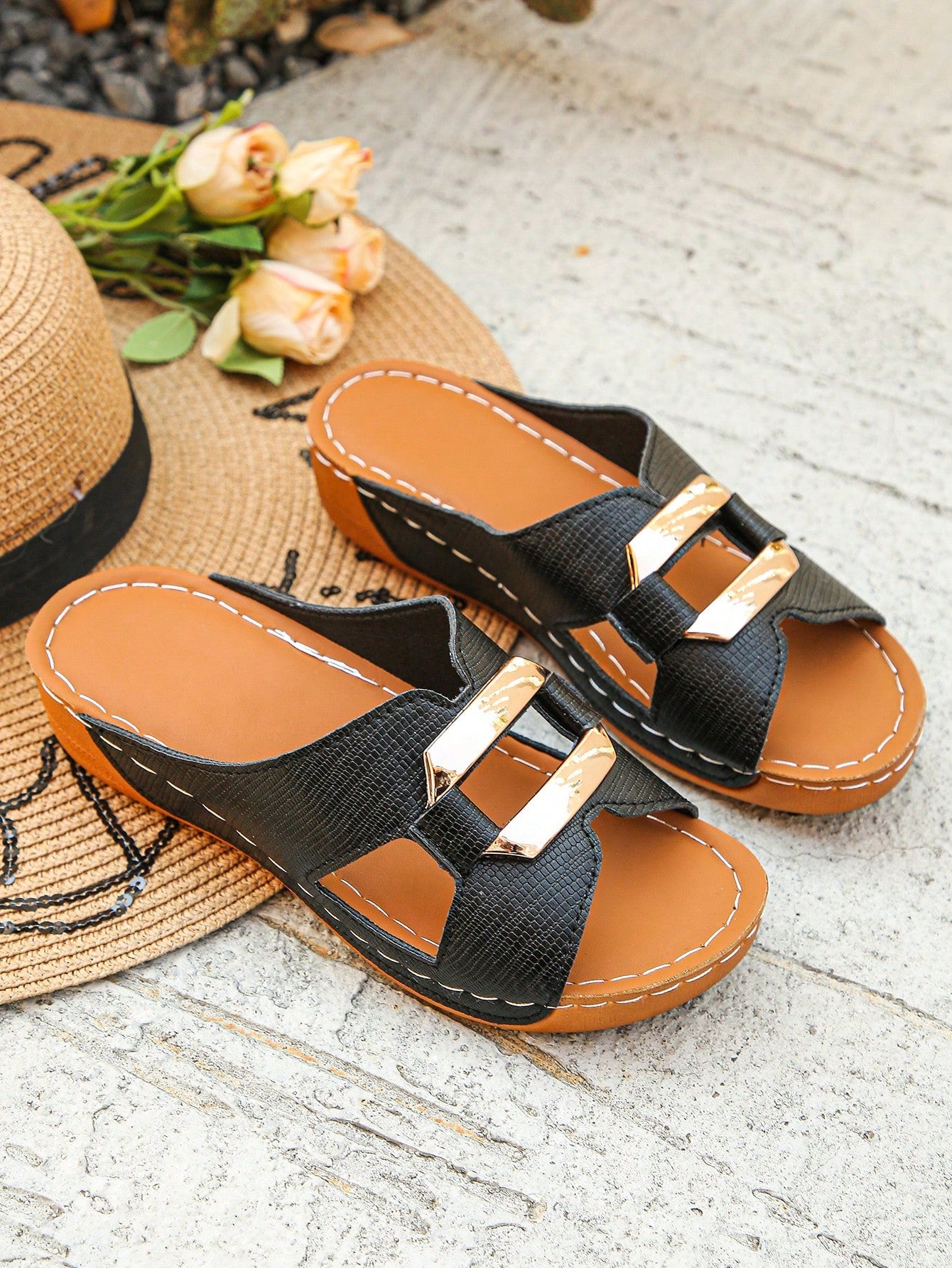 Women’s open toe wedge slide sandals with metal buckle detail and thick low wedge sole, lightweight slip-on style for daily wear, beach, and holiday use.