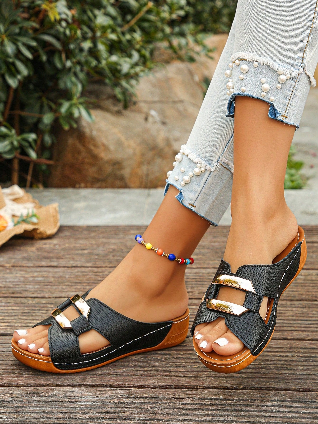 Women’s open toe wedge slide sandals with metal buckle detail and thick low wedge sole, lightweight slip-on style for daily wear, beach, and holiday use.