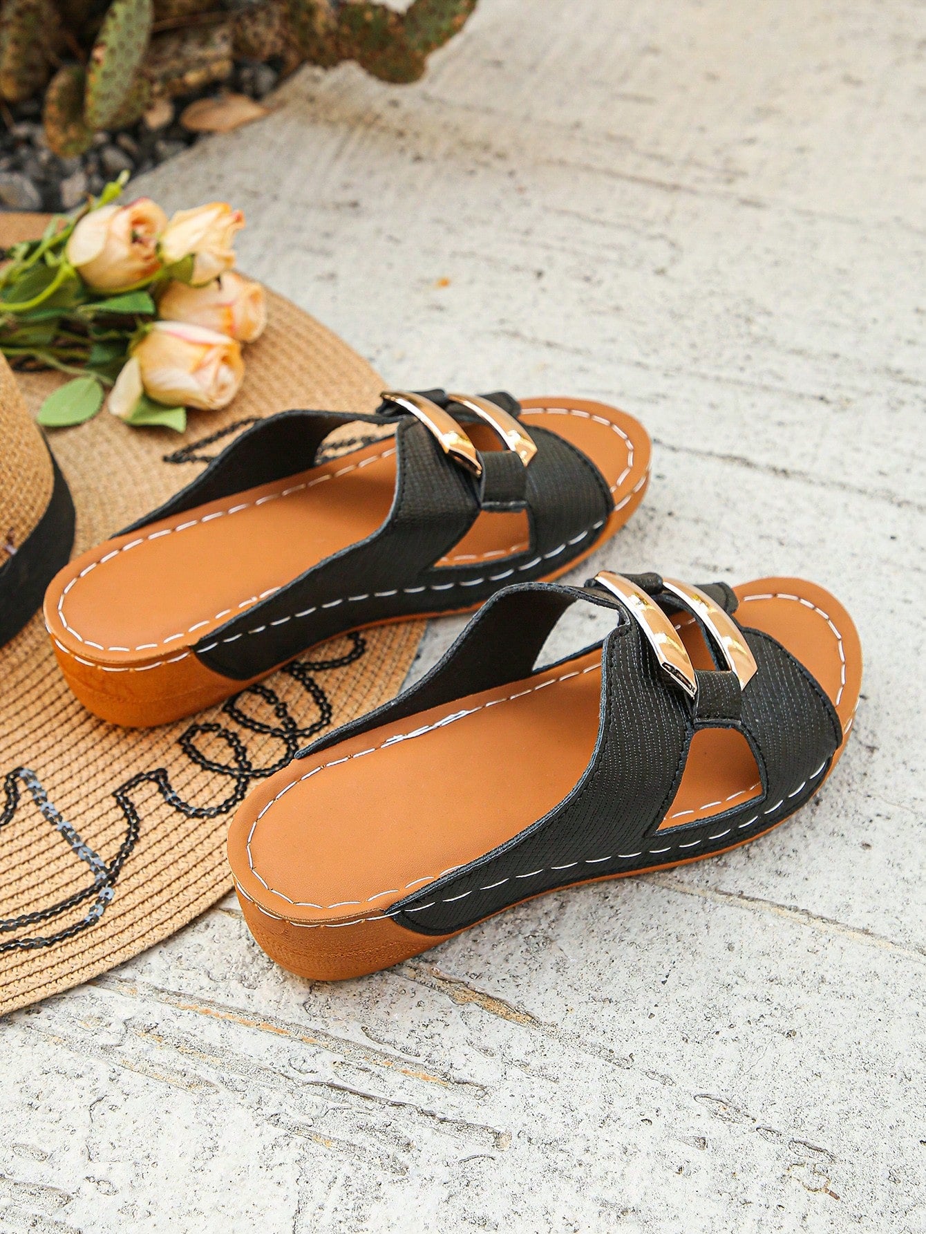 Women’s open toe wedge slide sandals with metal buckle detail and thick low wedge sole, lightweight slip-on style for daily wear, beach, and holiday use.