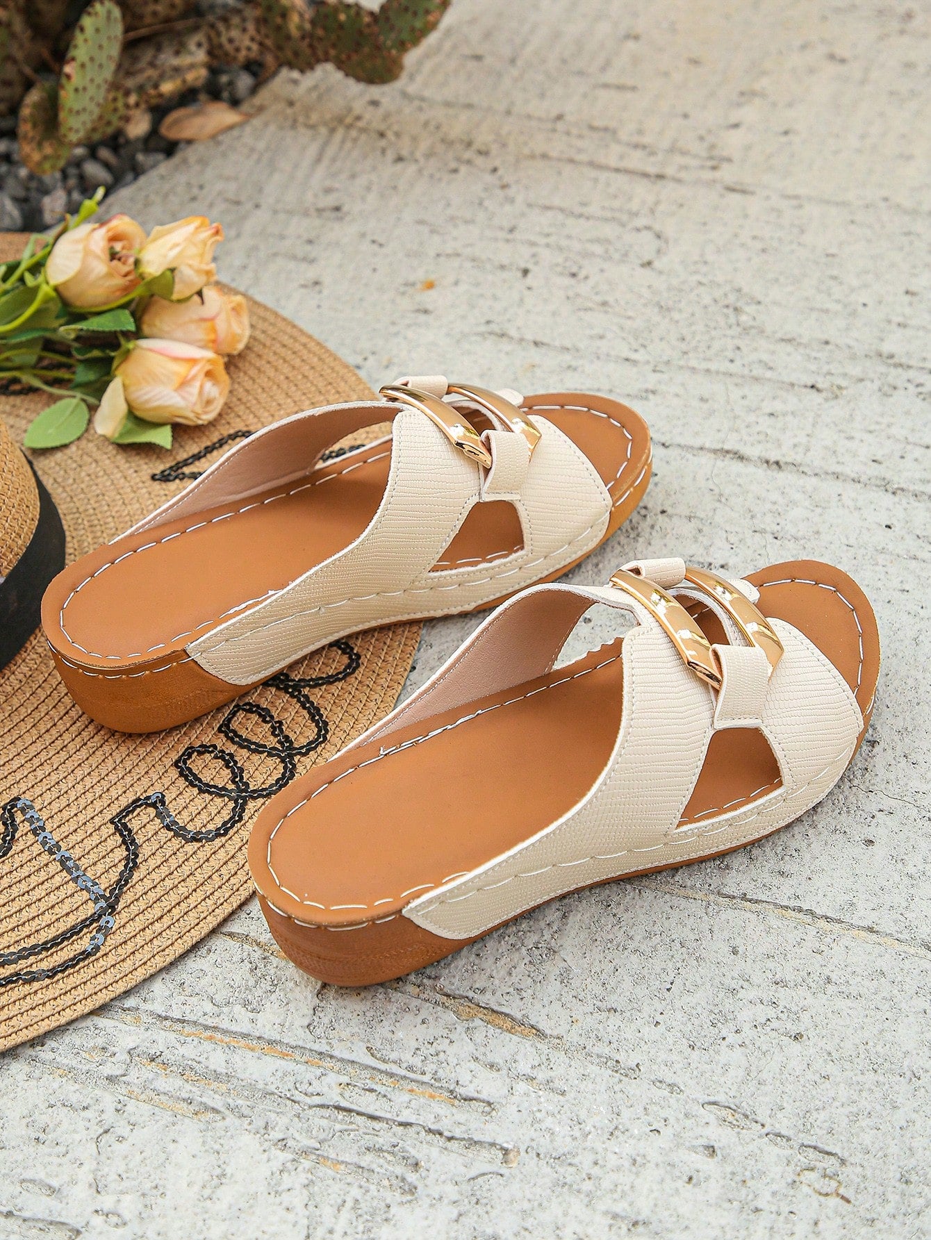 Women’s open toe wedge slide sandals with metal buckle detail and thick low wedge sole, lightweight slip-on style for daily wear, beach, and holiday use.