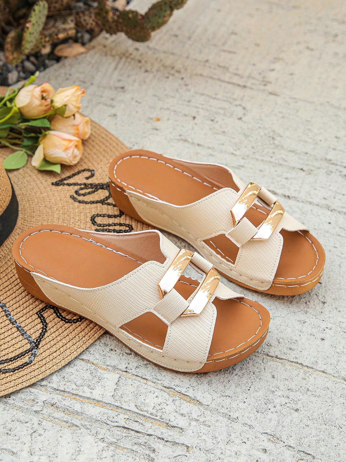 Women’s open toe wedge slide sandals with metal buckle detail and thick low wedge sole, lightweight slip-on style for daily wear, beach, and holiday use.