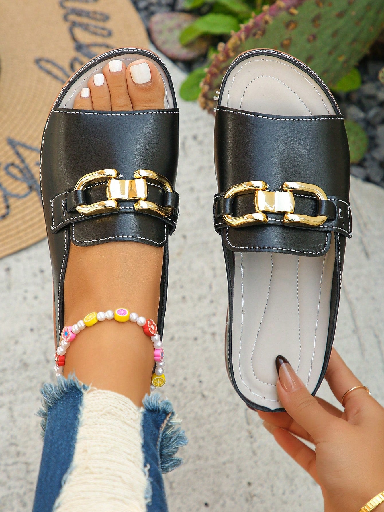 Women's bohemian wedge slide sandals with open toe, low wedge heel, slip-on design, and metal detail, available in plus sizes 36-43.