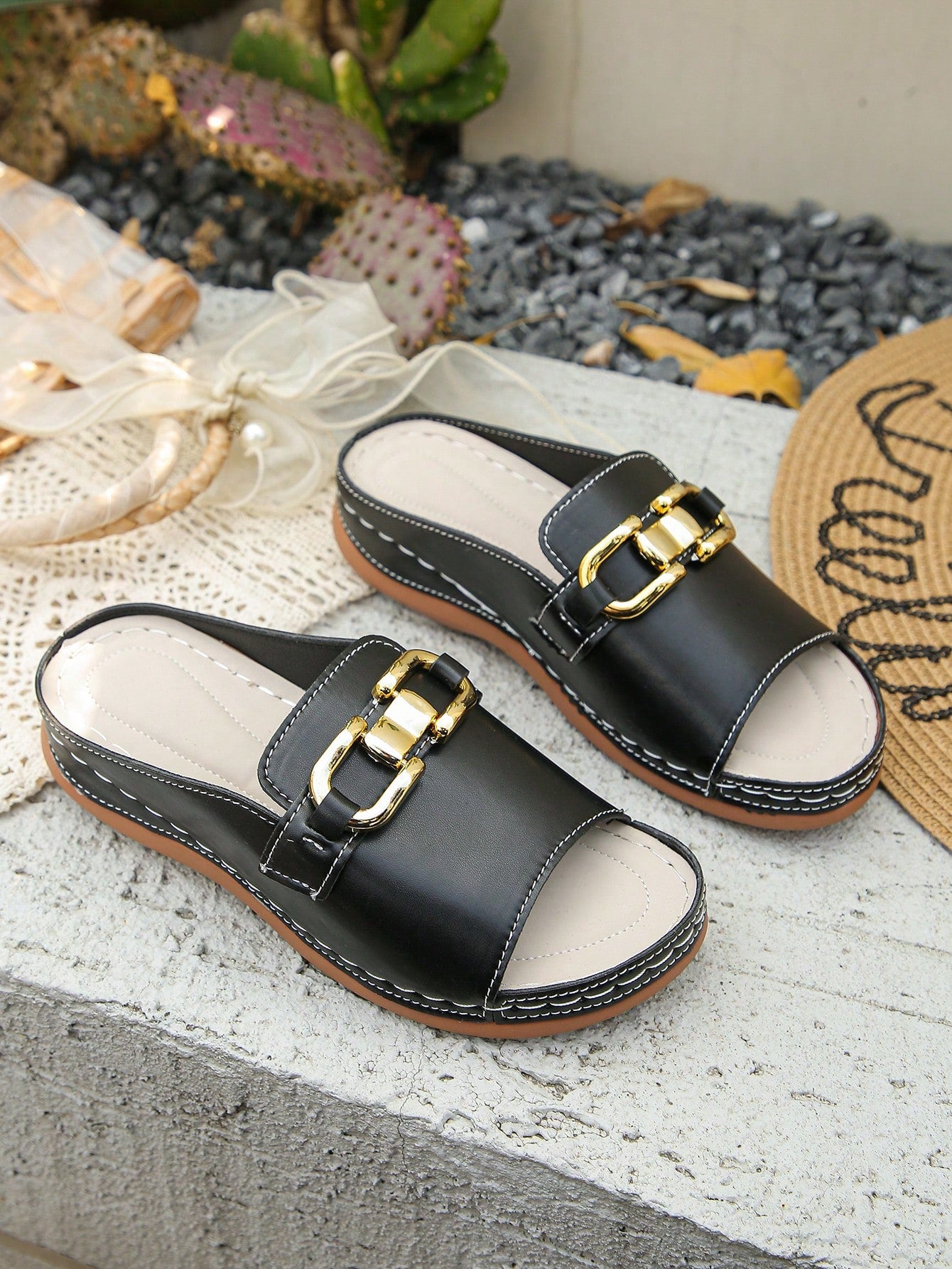 Women's bohemian wedge slide sandals with open toe, low wedge heel, slip-on design, and metal detail, available in plus sizes 36-43.