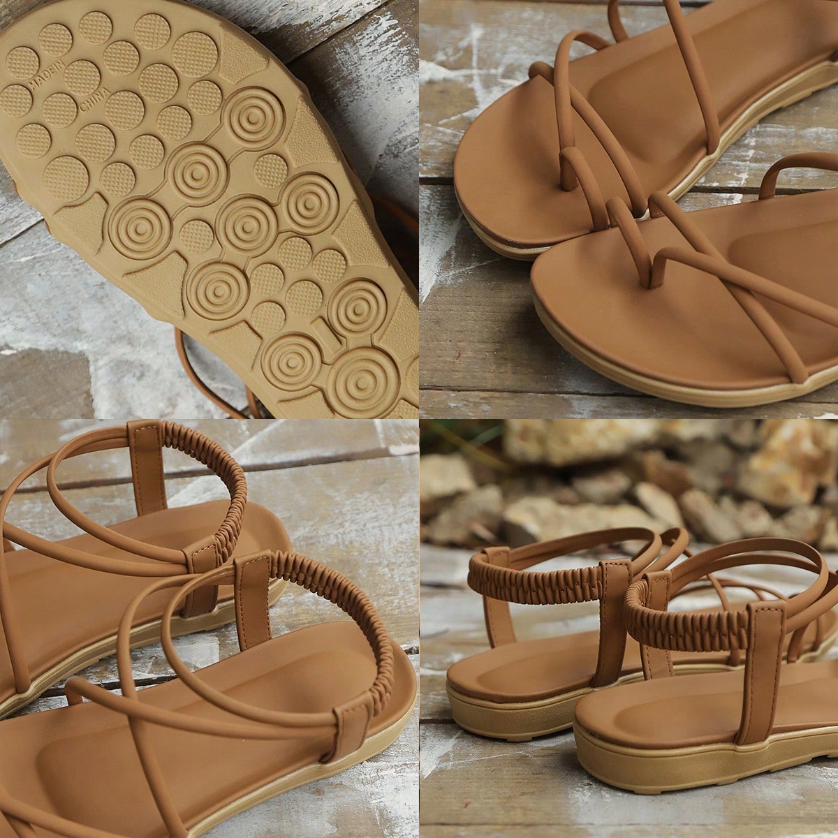 Women's beige flat sandals with criss cross straps, ankle strap, and open toe.