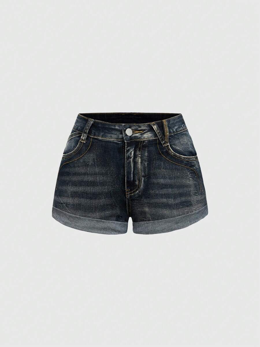 Blue washed shorts with butterfly embroidery, distressed detailing, ultra low waist, button closure, zipper fly, and pockets.