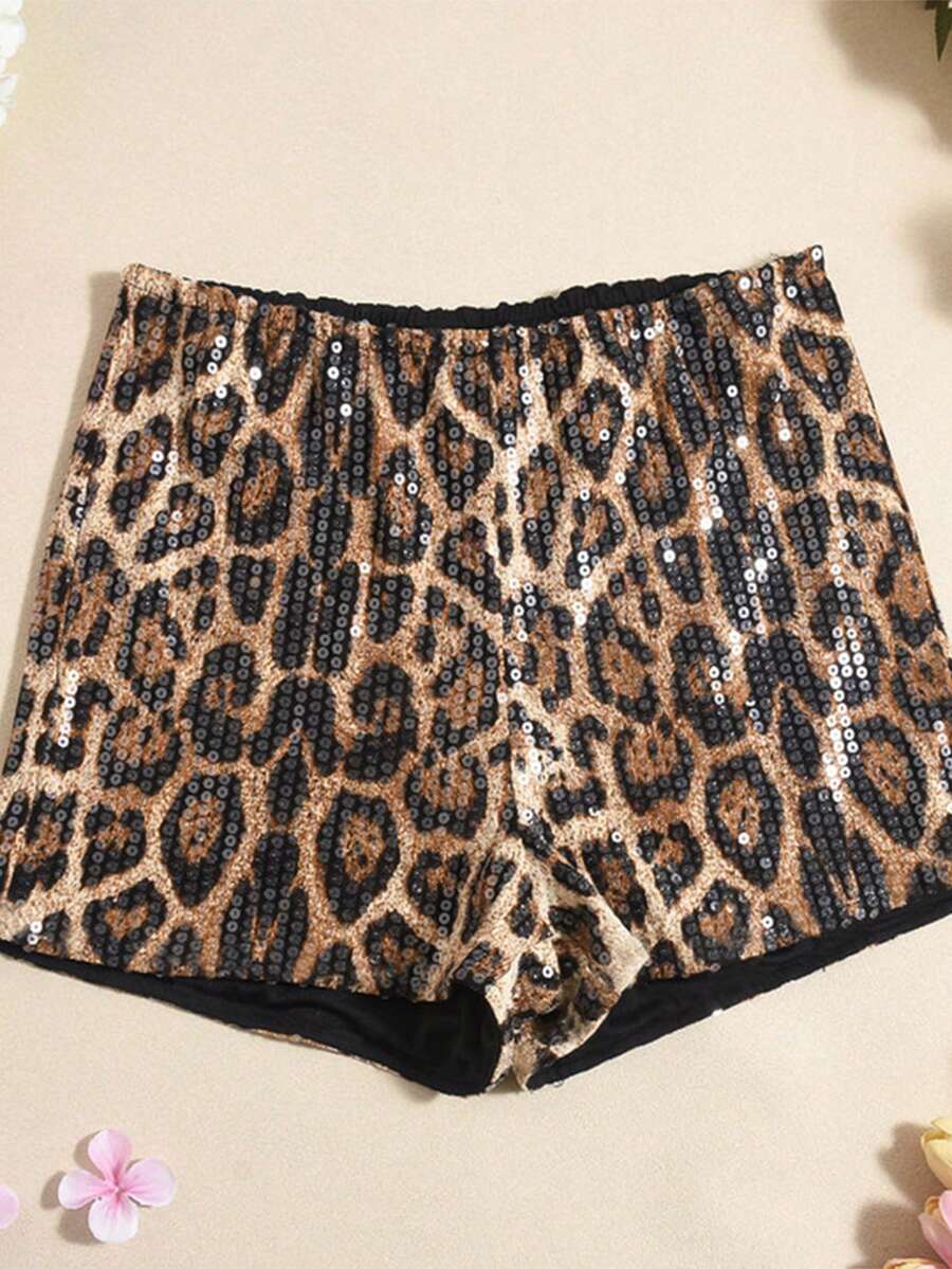 Women's Y2K leopard print sequin ultra short hot pants with elastic waist and shiny party style