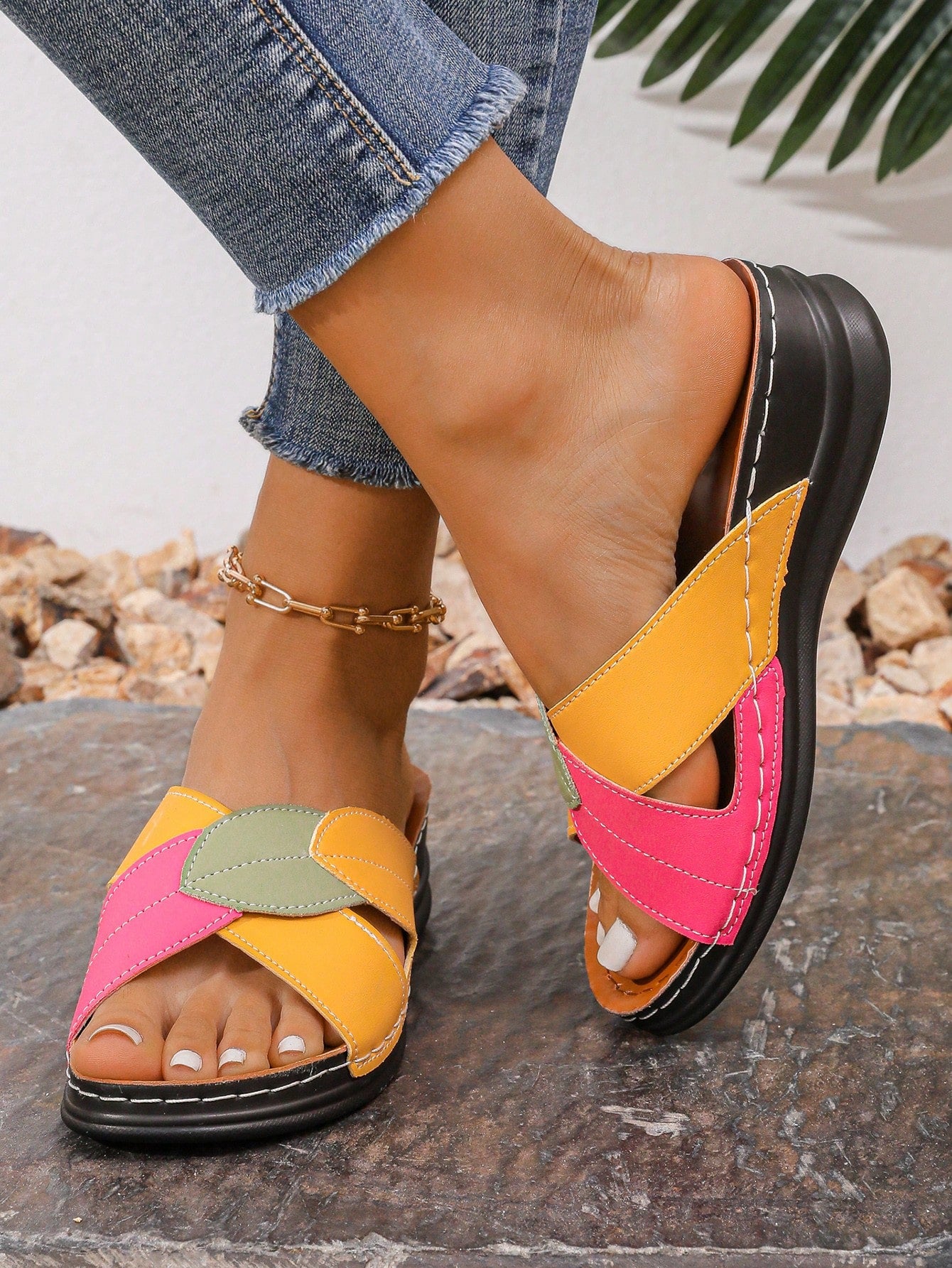 Women's multicolor wedge slide sandals with open toe, criss-cross straps, cut-out details, slip-on closure, and mid chunky wedge heel.