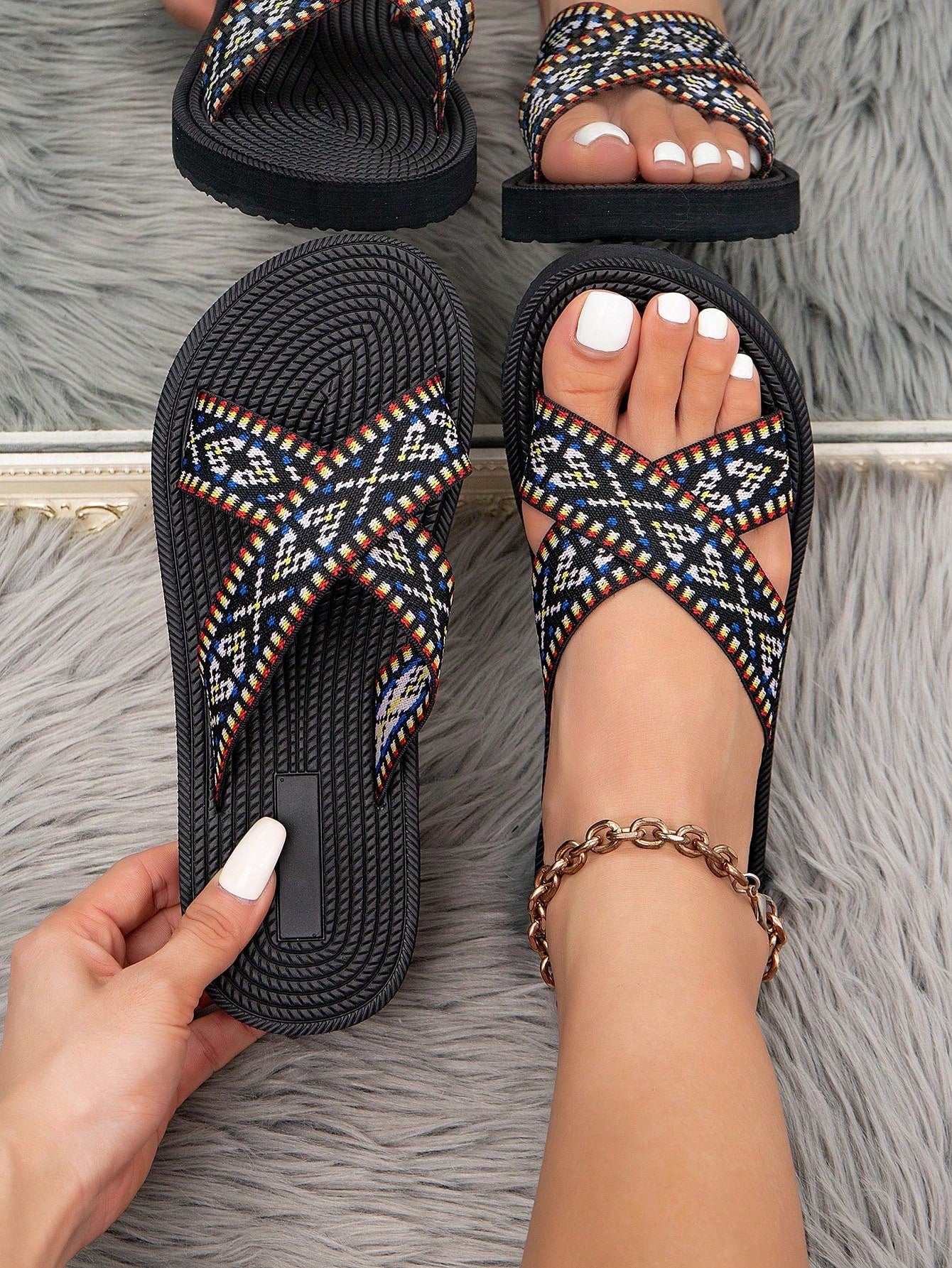 Women's retro-style flat slide sandals with criss-cross straps, open toe, and multicolor geometric print, suitable for casual outdoor and vacation wear.
