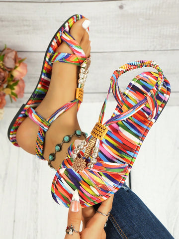 Women's beaded boho flat strappy sandals with open toe and tropical-inspired plain pattern, designed for beach and casual summer wear.