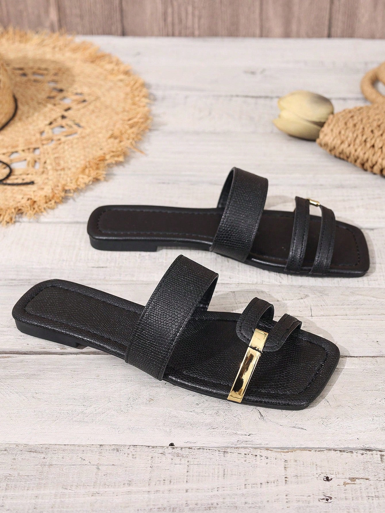 Women's yellow open-toe flat slide sandals featuring a cut-out design and textured plain pattern for casual beach and daily wear.