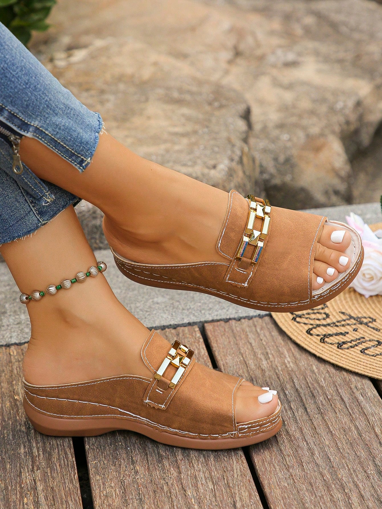 Women's bohemian wedge slide sandals with open toe, low wedge heel, slip-on design, and metal detail, available in plus sizes 36-43.