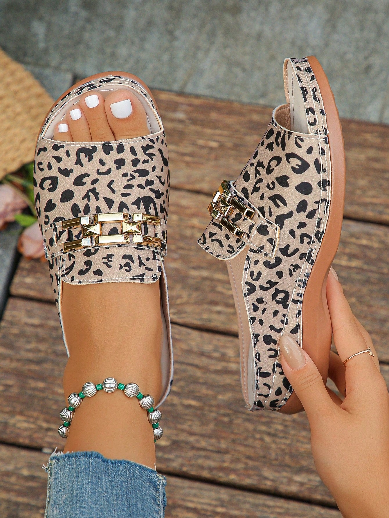 Women's bohemian wedge slide sandals with open toe, low wedge heel, slip-on design, and metal detail, available in plus sizes 36-43.