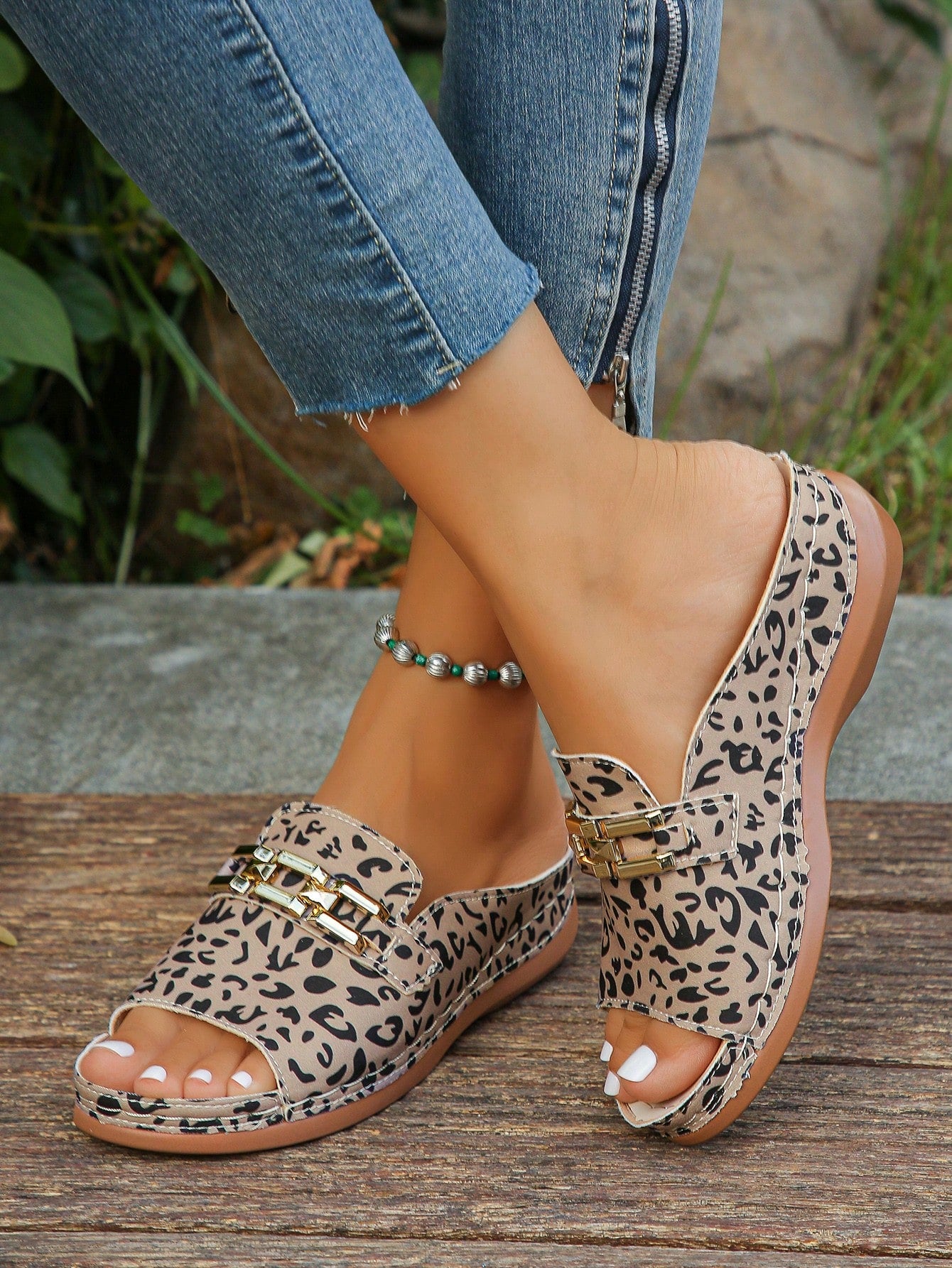 Women's bohemian wedge slide sandals with open toe, low wedge heel, slip-on design, and metal detail, available in plus sizes 36-43.