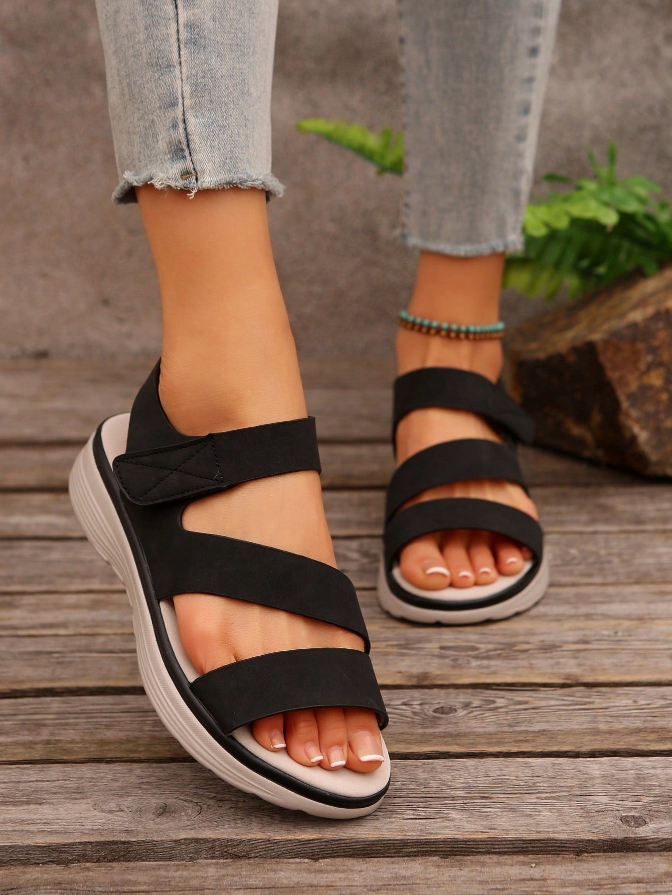 Women's plus size platform wedge sandals with hook-and-loop closure, open toe, ankle strap, and cut-out detailing in a casual beach style.