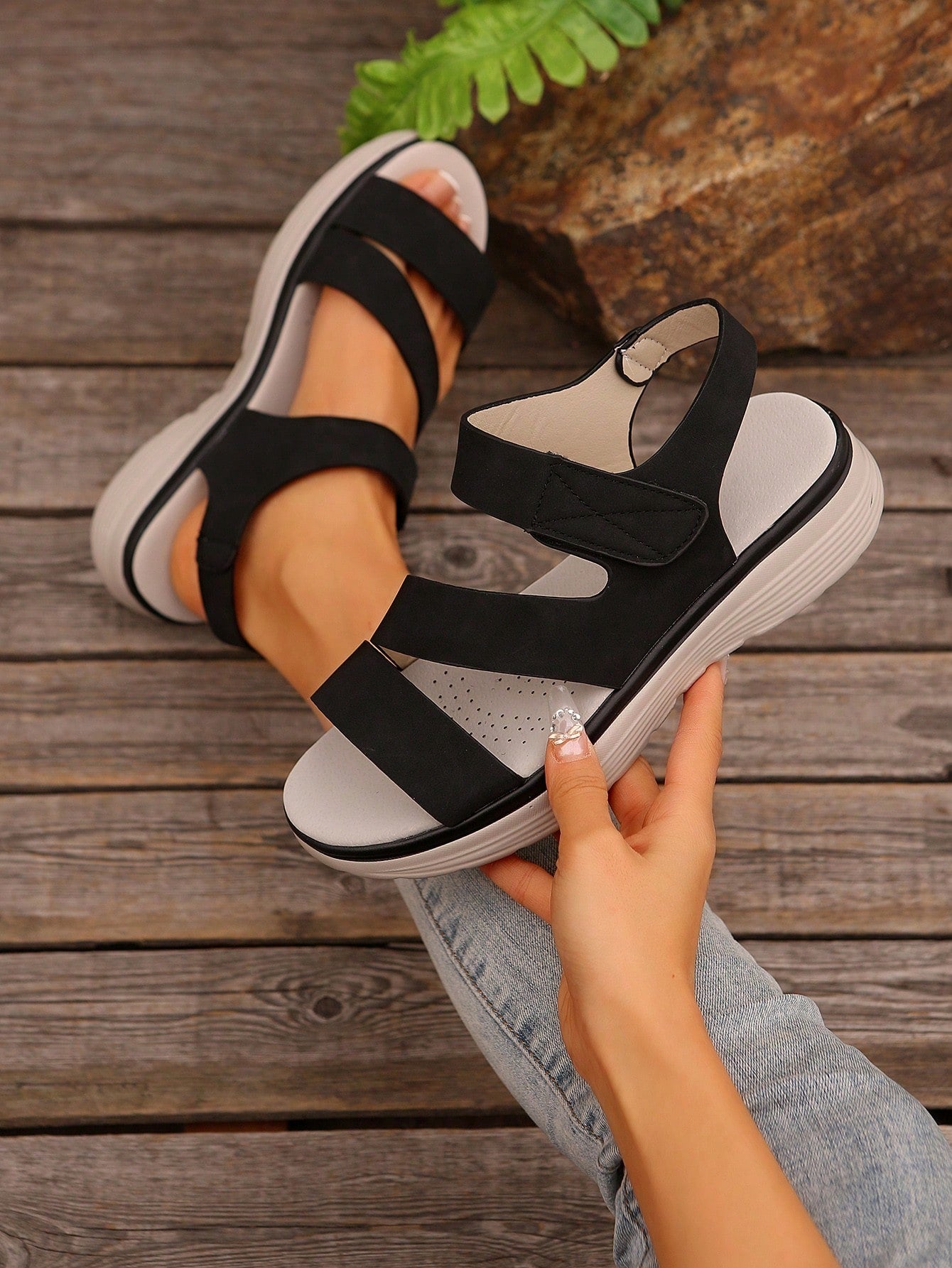 Women's plus size platform wedge sandals with hook-and-loop closure, open toe, ankle strap, and cut-out detailing in a casual beach style.
