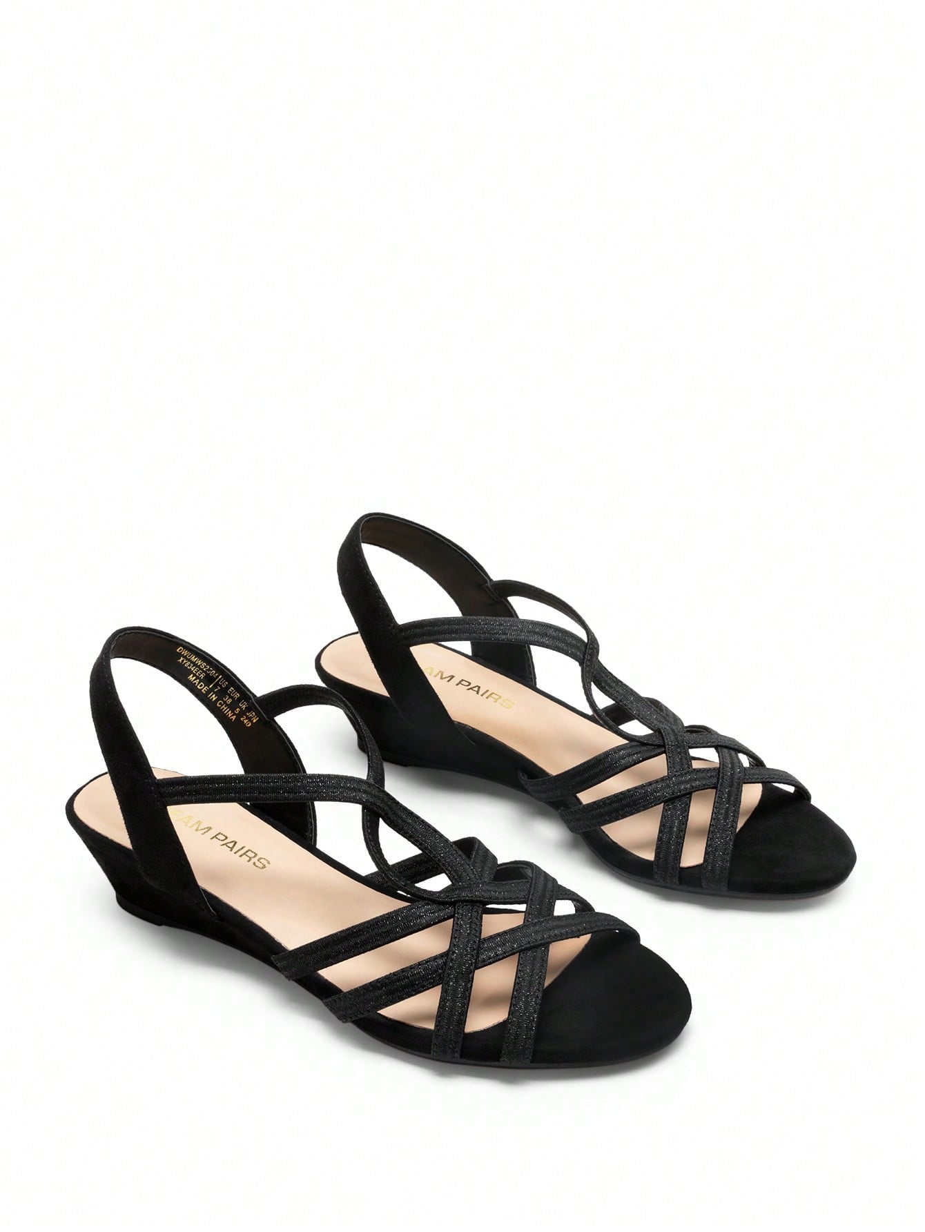 Women's open-toe low wedge sandals featuring crisscross straps, slingback ankle strap, and a classic wedge heel for dressy and everyday summer outfits.