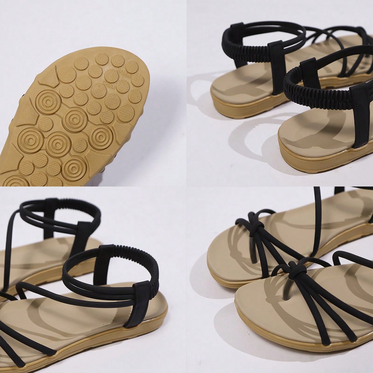 Women's beige flat sandals with criss cross straps, ankle strap, and open toe.