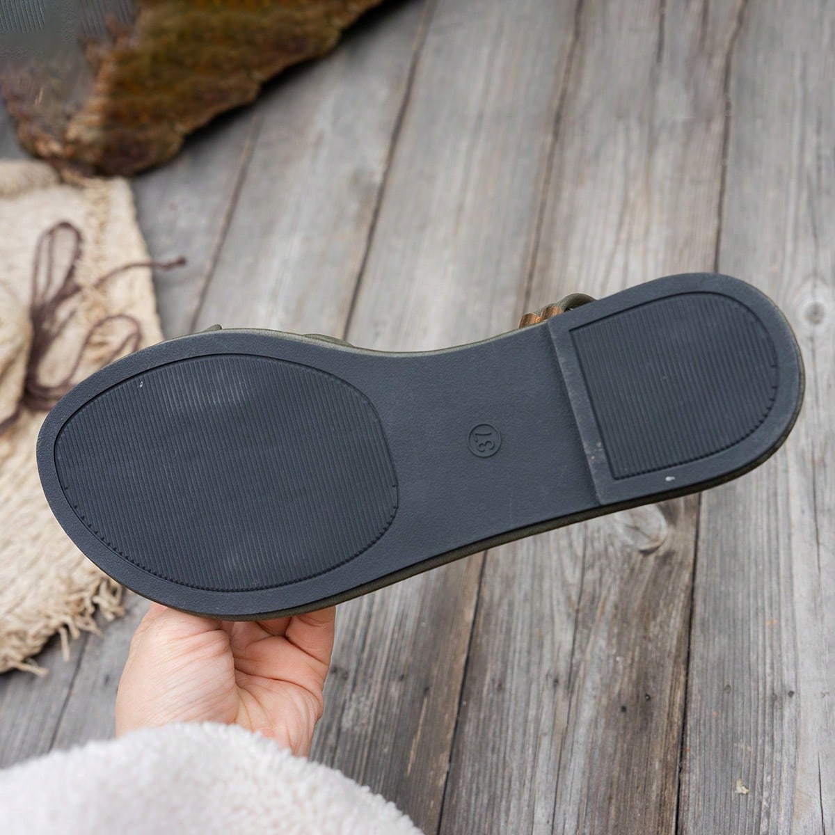 Women’s peep toe flat slide sandals with asymmetrical straps in a simple bohemian Roman beach style