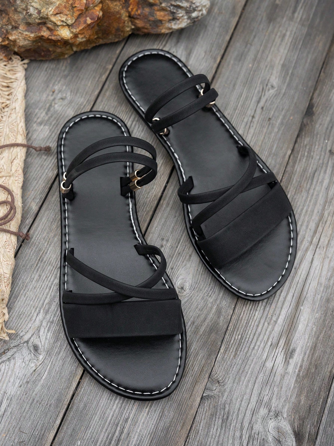 Women’s peep toe flat slide sandals with asymmetrical straps in a simple bohemian Roman beach style