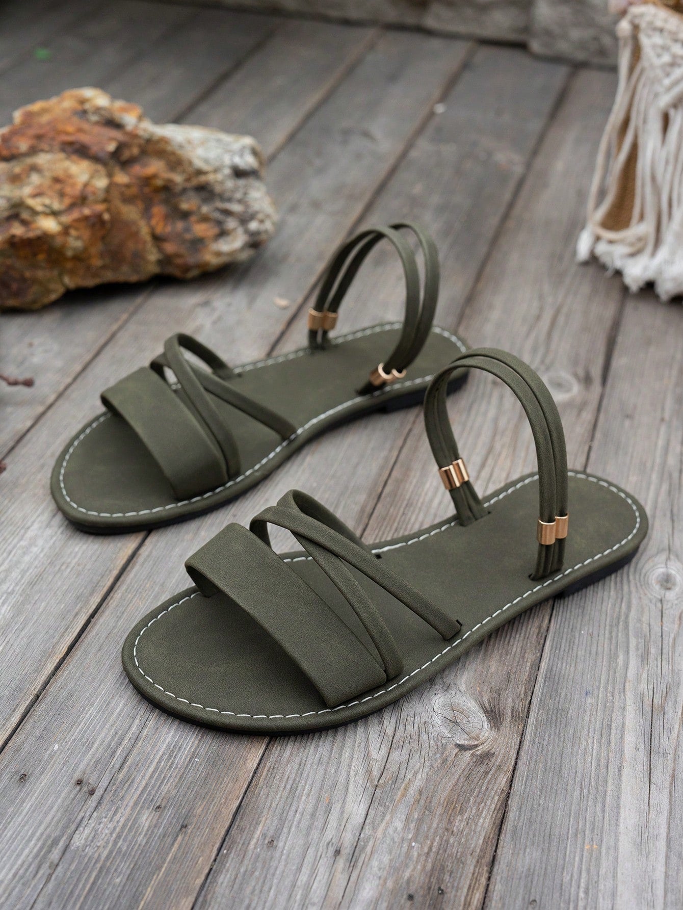 Women’s peep toe flat slide sandals with asymmetrical straps in a simple bohemian Roman beach style