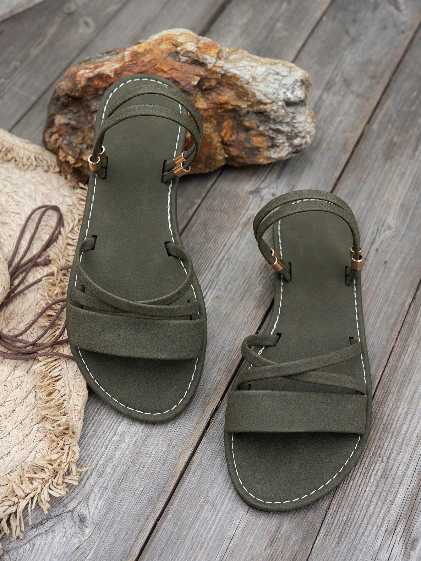 Women’s peep toe flat slide sandals with asymmetrical straps in a simple bohemian Roman beach style
