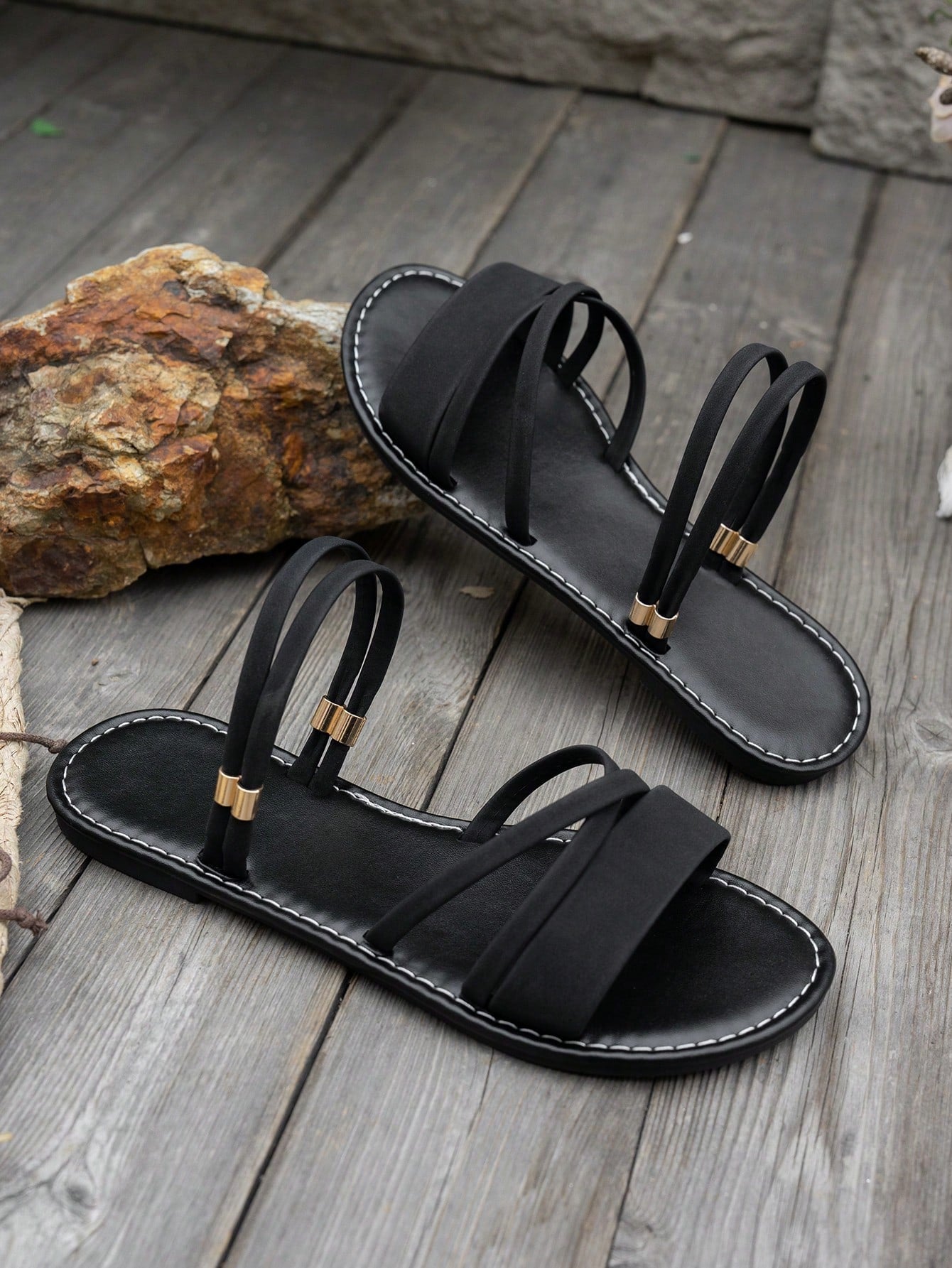 Women’s peep toe flat slide sandals with asymmetrical straps in a simple bohemian Roman beach style