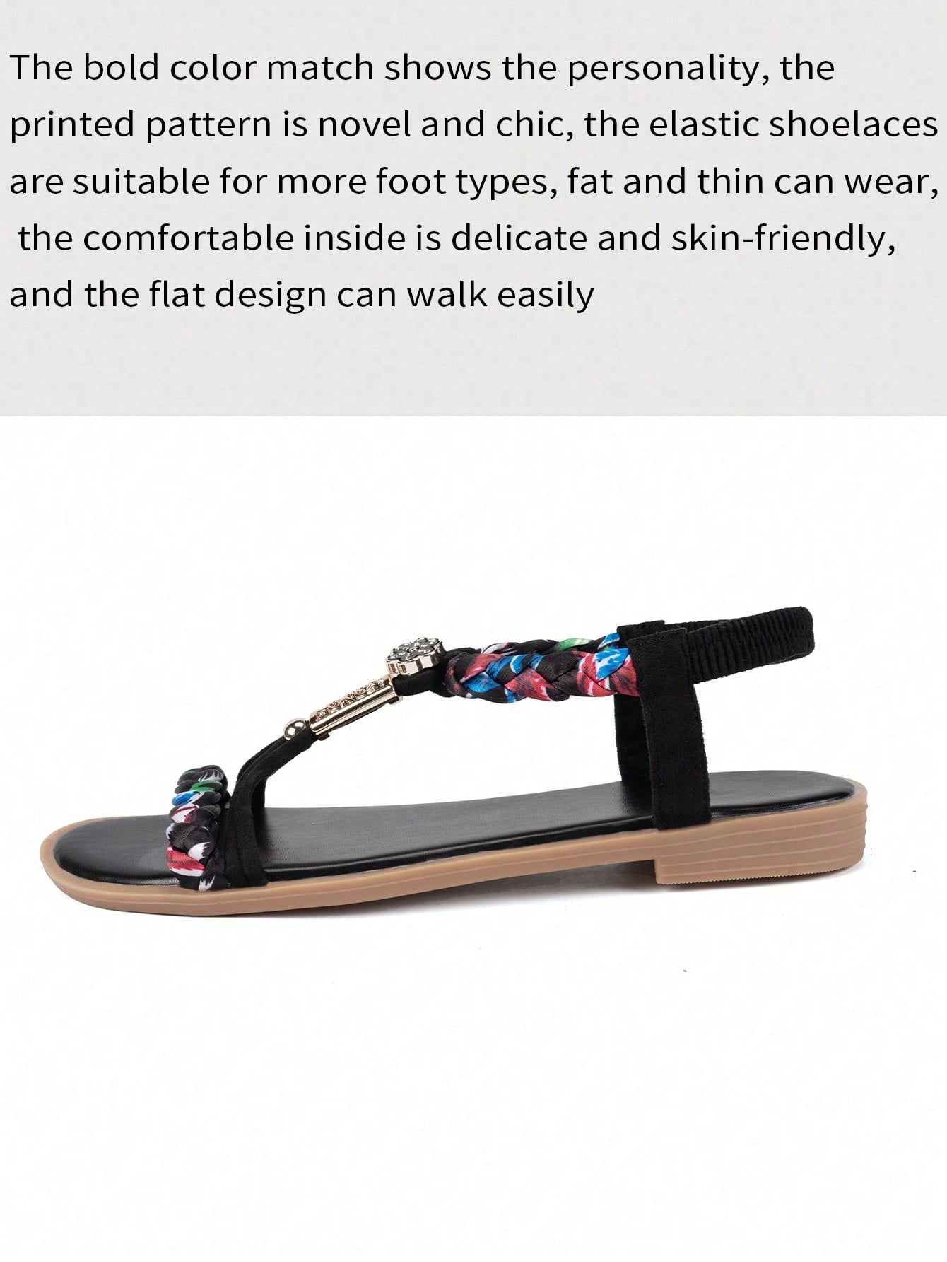 Pair of women’s flat gladiator sandals with woven fabric straps, ruched detailing, open toes, and decorative buckle and floral accents.